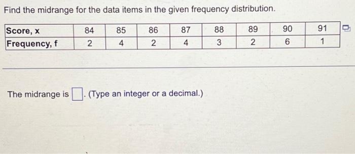 Solved Find the midrange for the data items in the given | Chegg.com