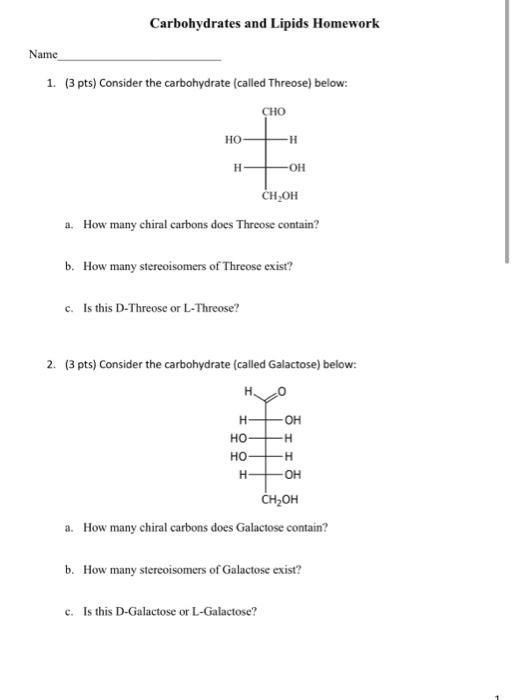 Solved Carbohydrates And Lipids Homework Name 1. (3 Pts) | Chegg.com