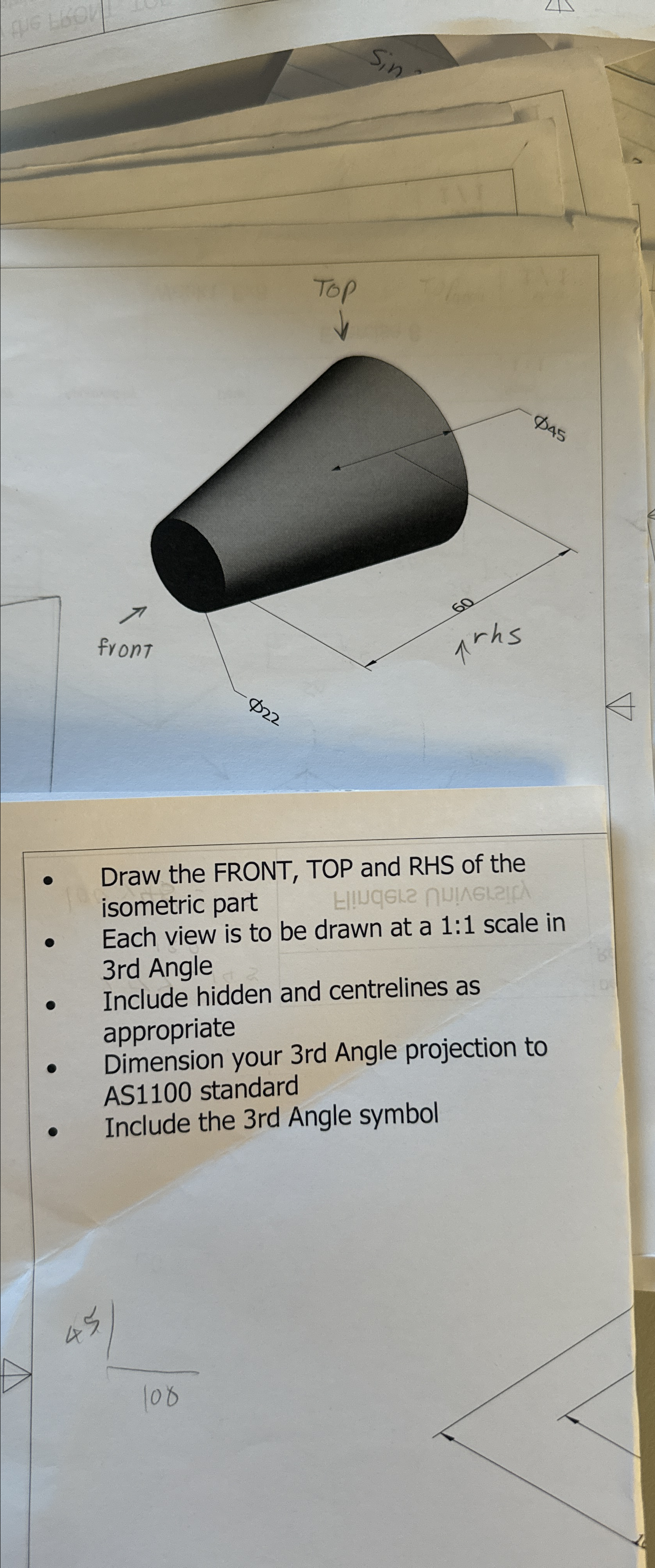 Solved Draw the FRONT, TOP and RHS of the isometric part, | Chegg.com