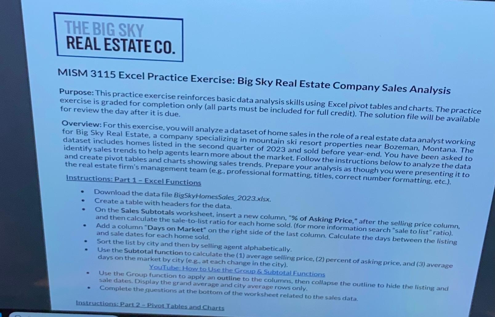 Solved THE BIG SKYREAL ESTATECO.MISM 3115 ﻿Excel Practice