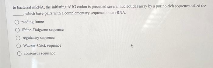 Solved In bacterial mRNA, the initiating AUG codon is | Chegg.com
