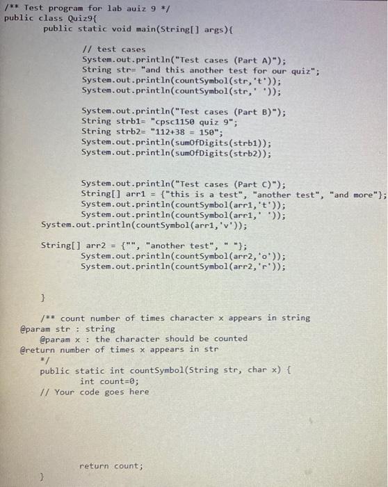 Solved Download file Quiz9.java A) Develop body of the | Chegg.com