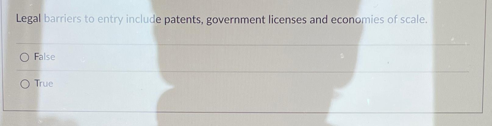 Solved Legal barriers to entry include patents, government | Chegg.com