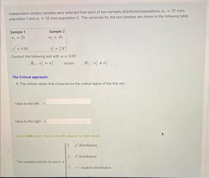 Solved Independent random samples were selected from each of | Chegg.com