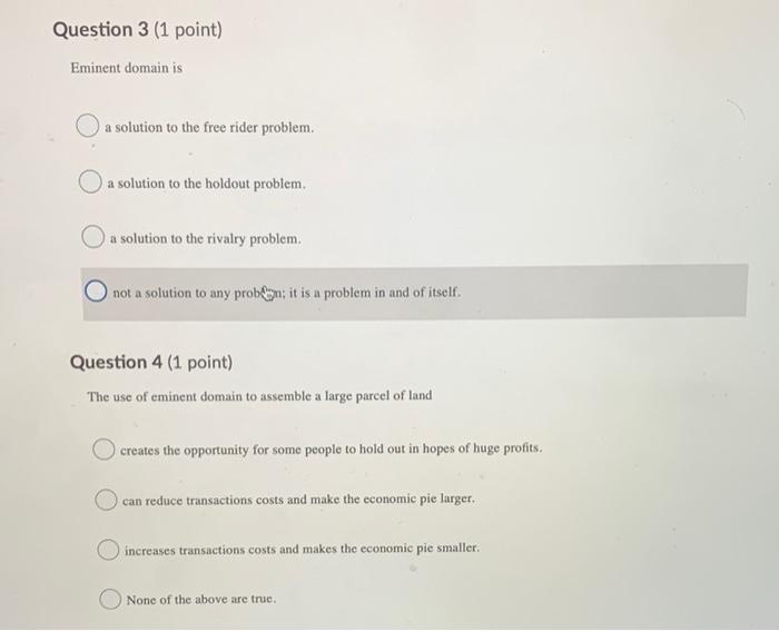 Solved Question 1 (1 point) Eminent domain is a power | Chegg.com