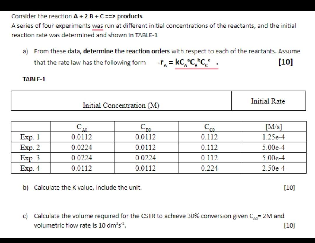 Solved Consider the reaction A +2B+C ==> products A series | Chegg.com