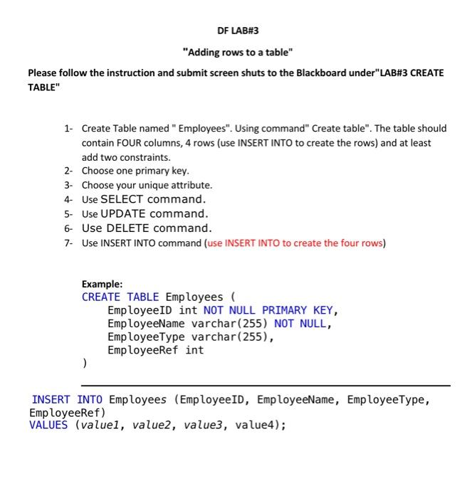 Solved DF LAB#3 "Adding rows to a table" Please follow the | Chegg.com
