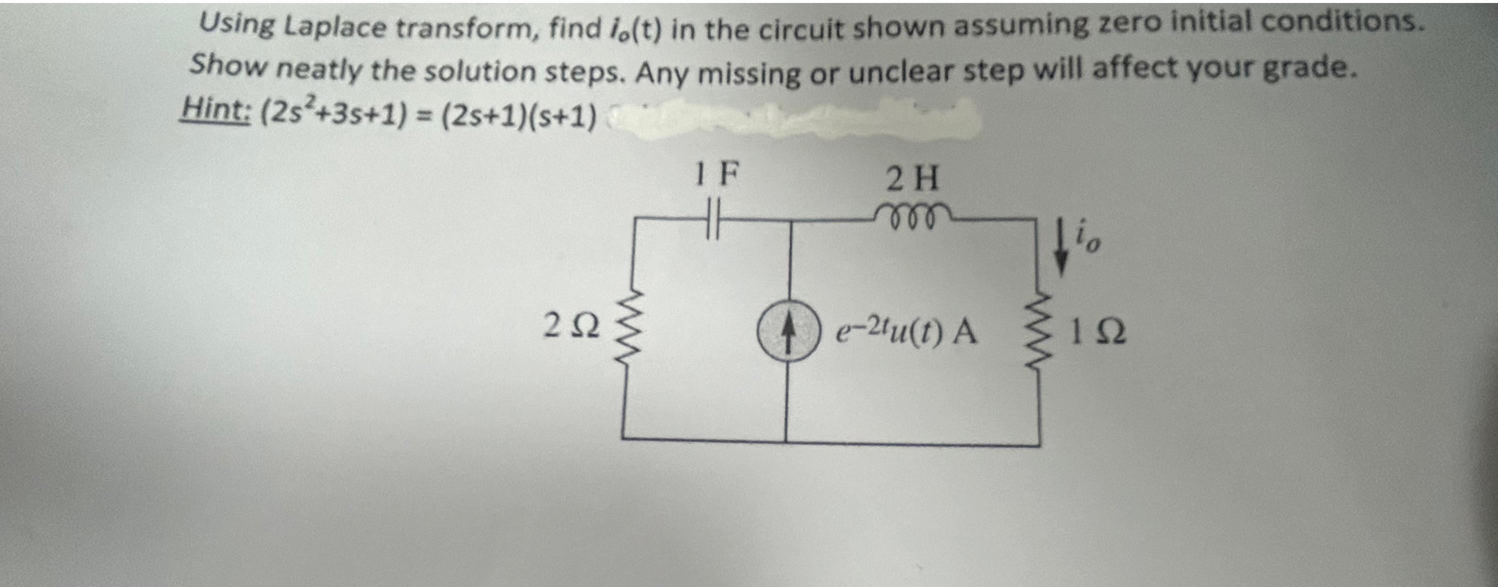 Solved Using Laplace transform, find lo(t) ﻿in the circuit | Chegg.com