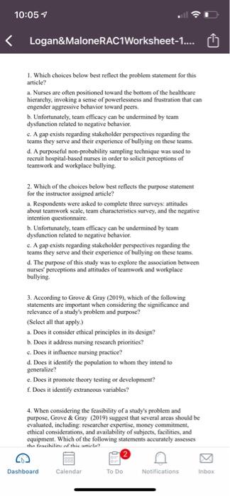 10:05 く Logan&MaloneRAC1Worksheet-1.... Ù 1. Which choices below best reflect the problem statement for this article? a. Nurs