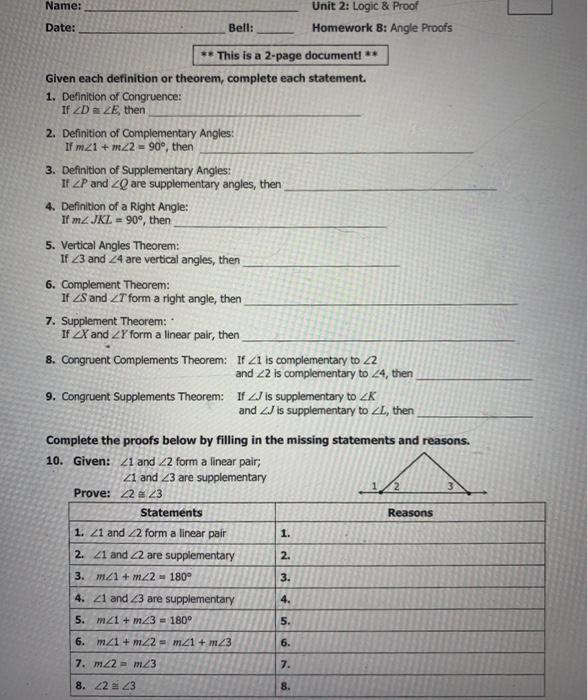 Name Unit 2 Logic Proof Homework 8 Angle Proofs Chegg 