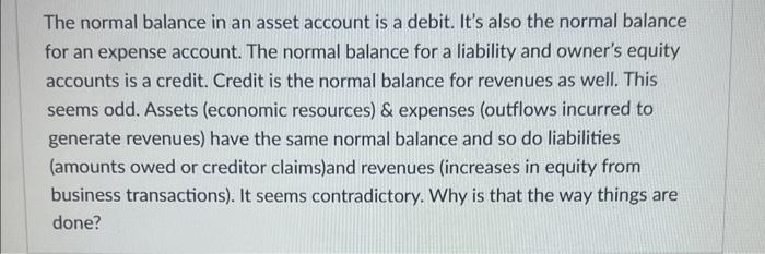 The normal balance in an asset account is a debit. | Chegg.com