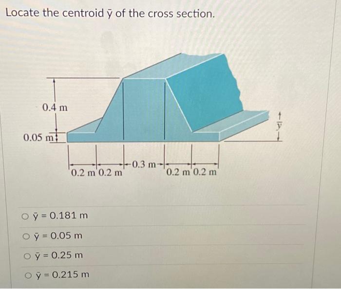 Locate the centroid \( \bar{y} \) of the cross section. \[ \begin{array}{l} \bar{y}=0.181 \mathrm{~m} \\ \bar{y}=0.05 \mathrm