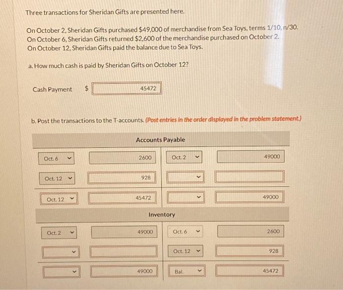 Solved Three transactions for Sheridan Gifts are presented