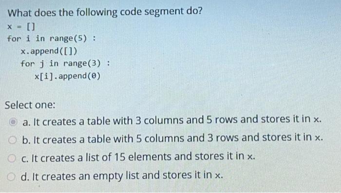 Solved X What does the following code segment do? [] for i | Chegg.com