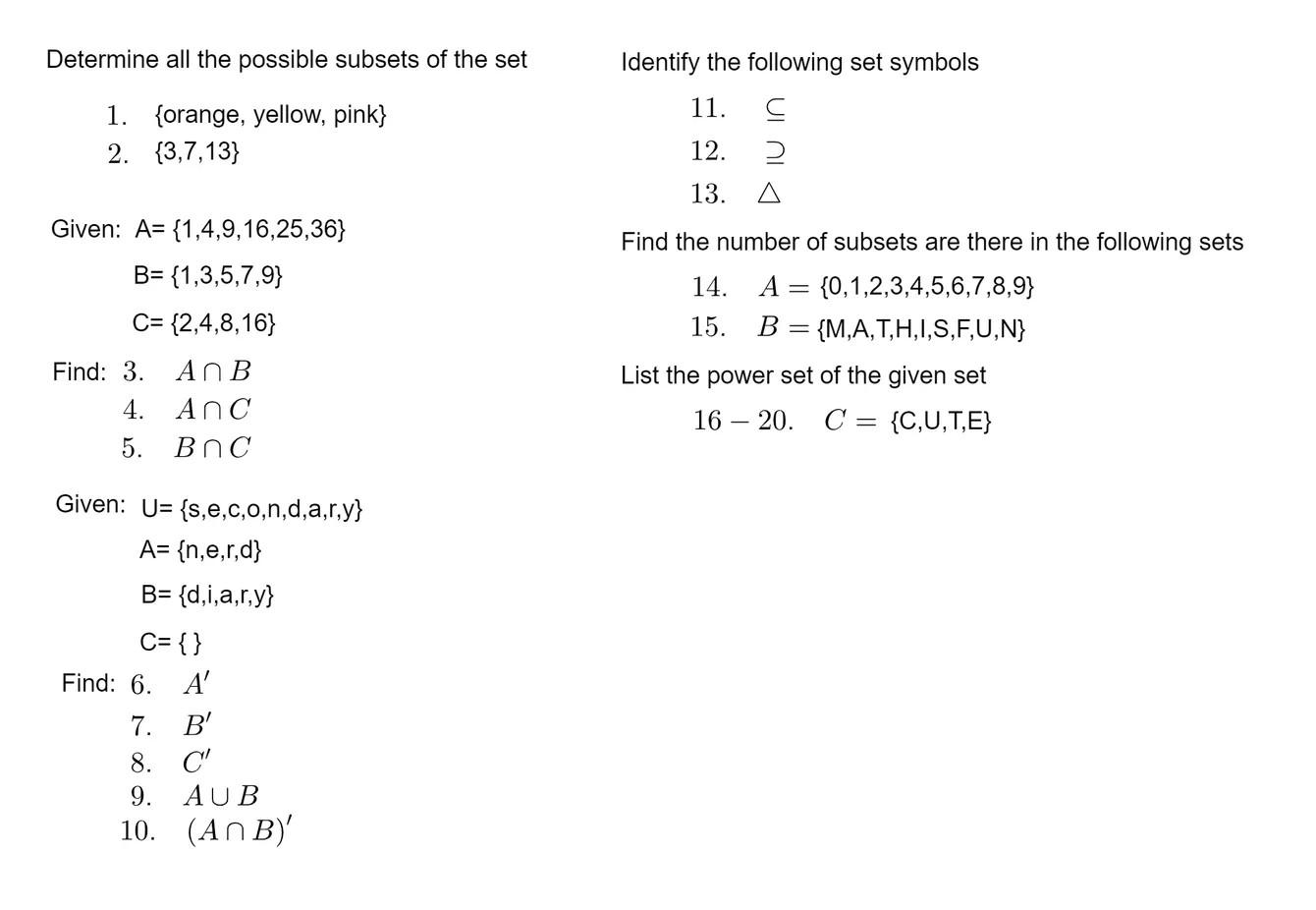 Solved Determine All The Possible Subsets Of The Set | Chegg.com