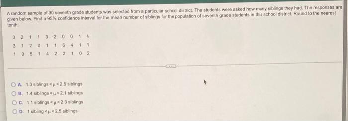 Solved A random sample of 30 seventh grade students was | Chegg.com