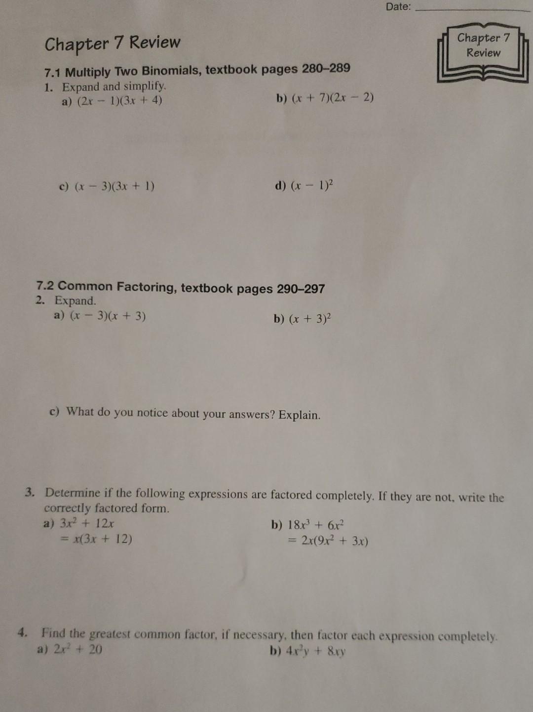 Solved Date: Chapter 7 Review Chapter 7 Review 7.1 Multiply | Chegg.com