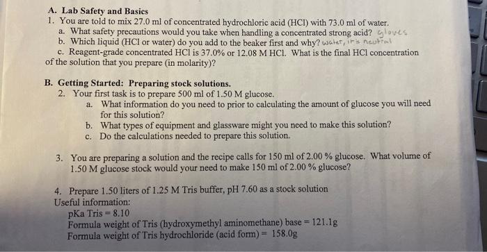 Solved A. Lab Safety and Basics 1. You are told to mix | Chegg.com