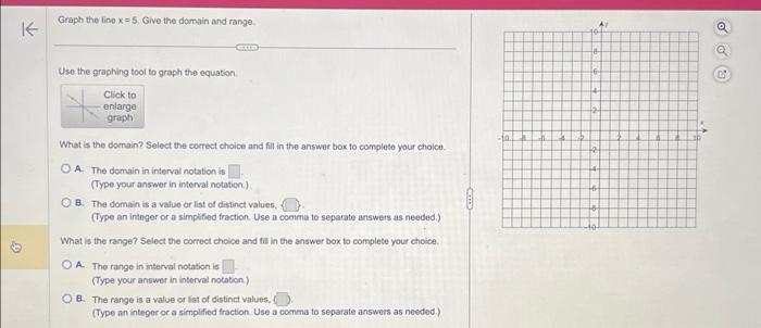 Solved Graph the line x=5. Give the domain and range. Uso | Chegg.com