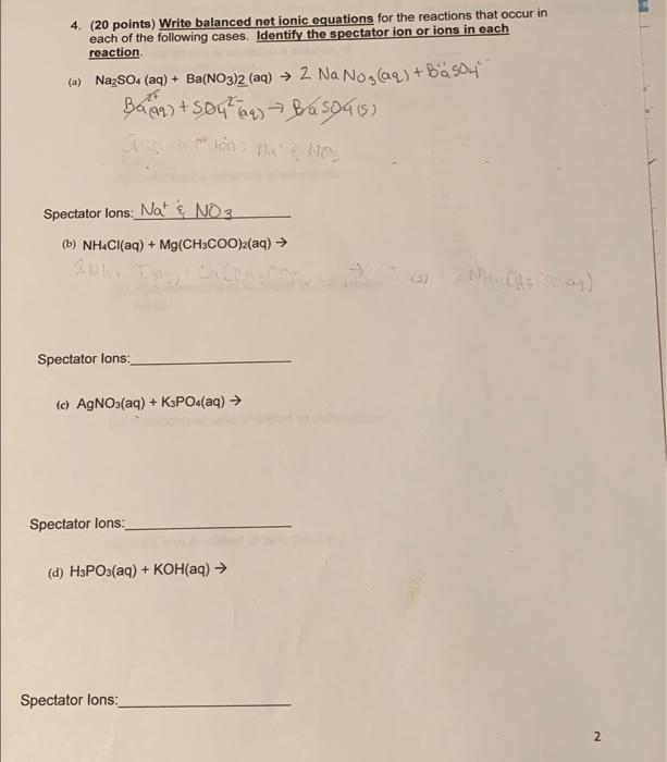 Solved 4 20 Points Write Balanced Net Ionic Equations