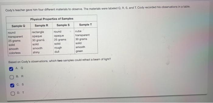 Solved Cody's teacher gave him four different materials to | Chegg.com
