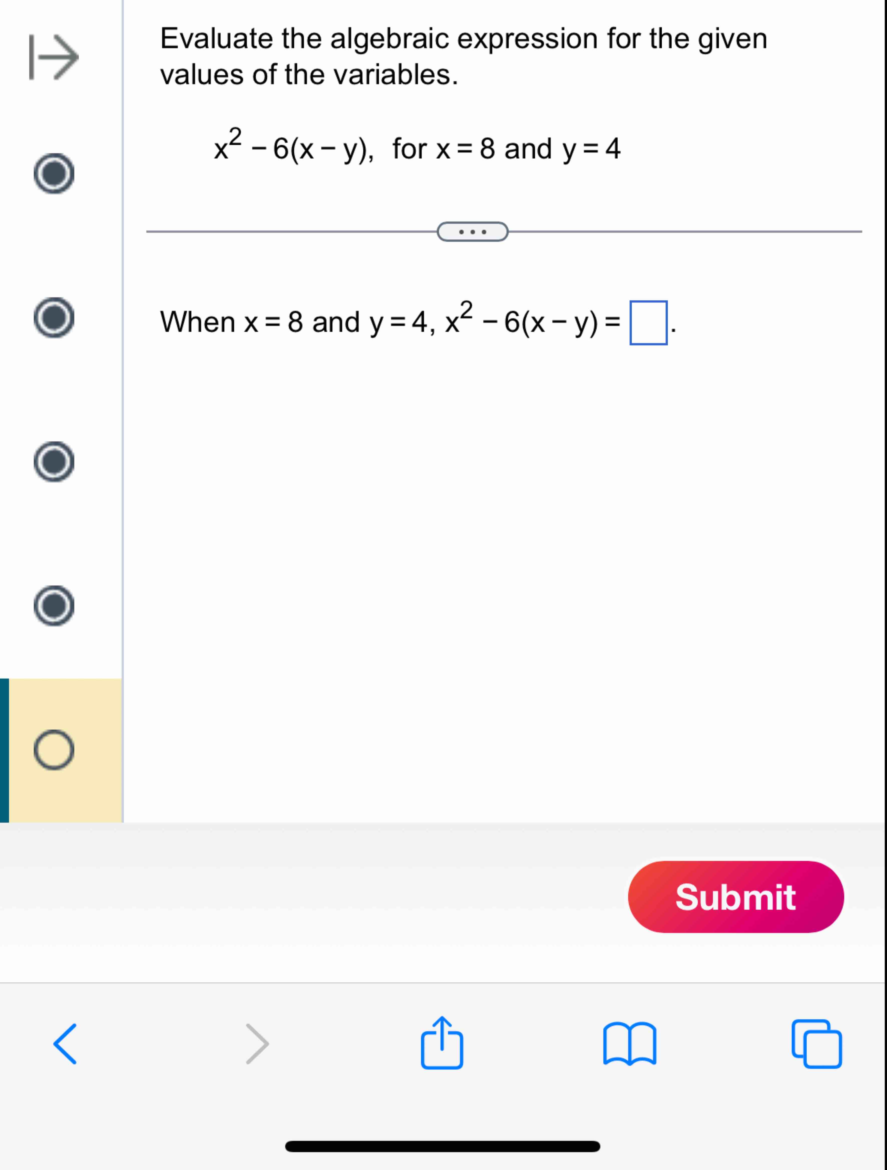 Solved Evaluate the algebraic expression for the givenvalues | Chegg.com