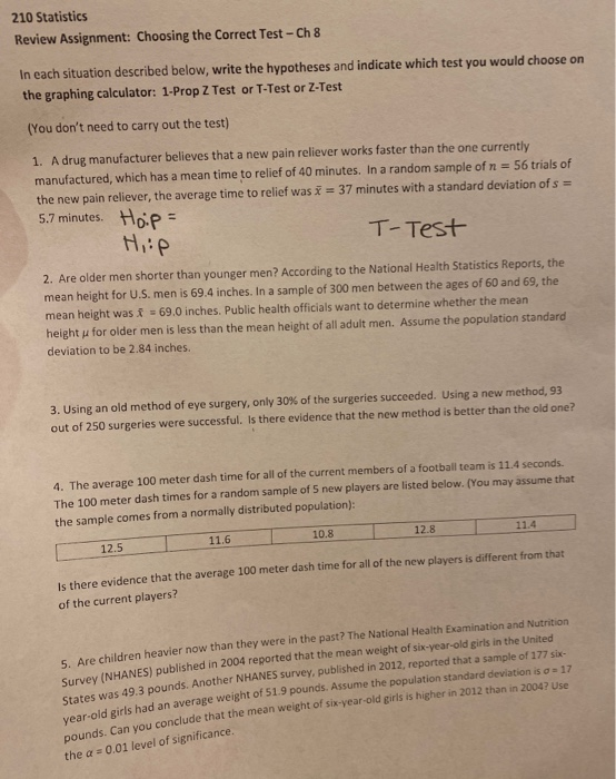 Solved 210 Statistics Review Assignment: Choosing The | Chegg.com