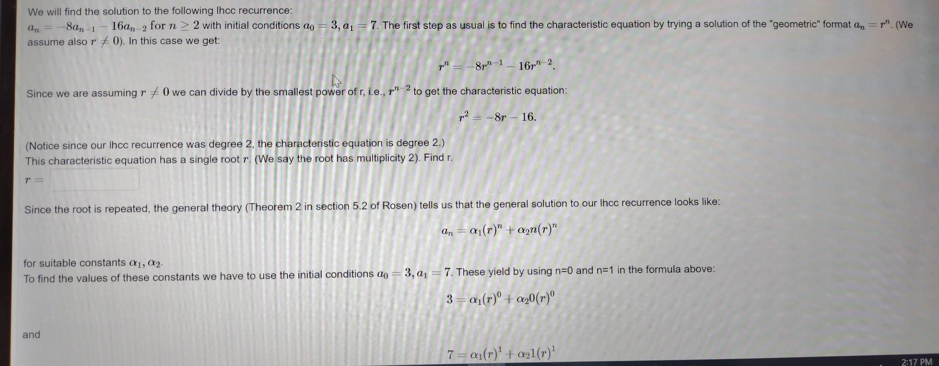 Solved an=−8an−1−16an−2 for n≥2 with initial conditions | Chegg.com