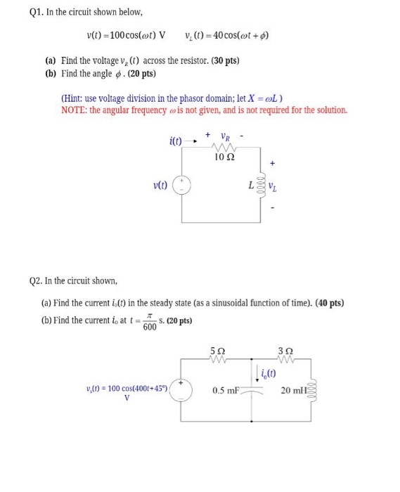 Solved Q1. In the circuit shown below, V(t) = 100 cos(mt) V | Chegg.com