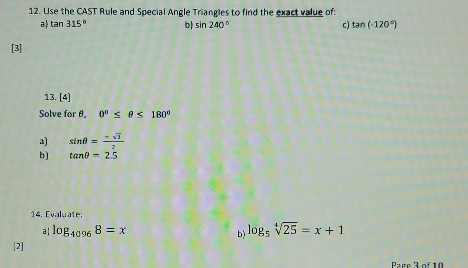 Solved 12. Use the CAST Rule and Special Angle Triangles to | Chegg.com