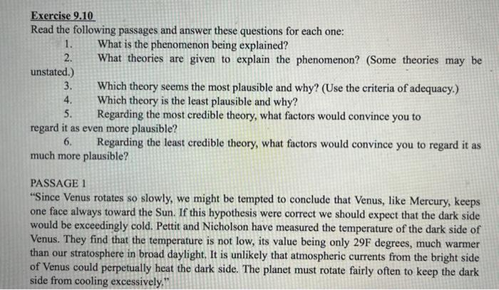 Solved Exercise 9.10 Read the following passages and answer | Chegg.com