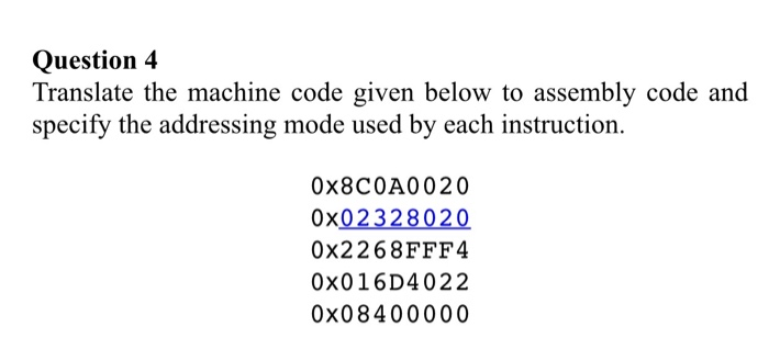 Solved Question 4 Translate the machine code given below to | Chegg.com
