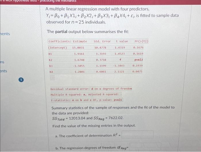 Solved A Multiple Linear Regression Model With Four | Chegg.com