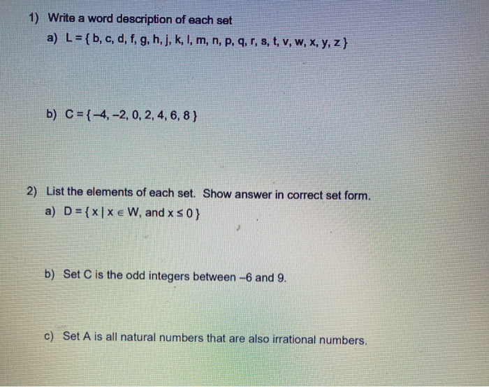 1 Write A Word Description Of Each Set A L B C Chegg Com