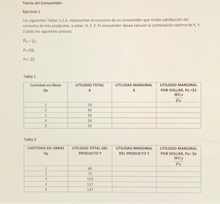 Ejercicio 1 Las siguientes Tablas 1,2,3, representan el consumo de un consumidor que recibe satisfacción del consumo de tres