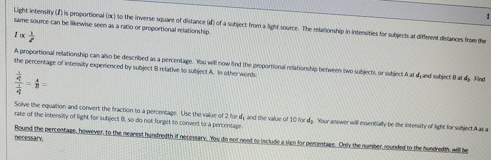 Solved Light intensity (I) is proportional (o) to the | Chegg.com