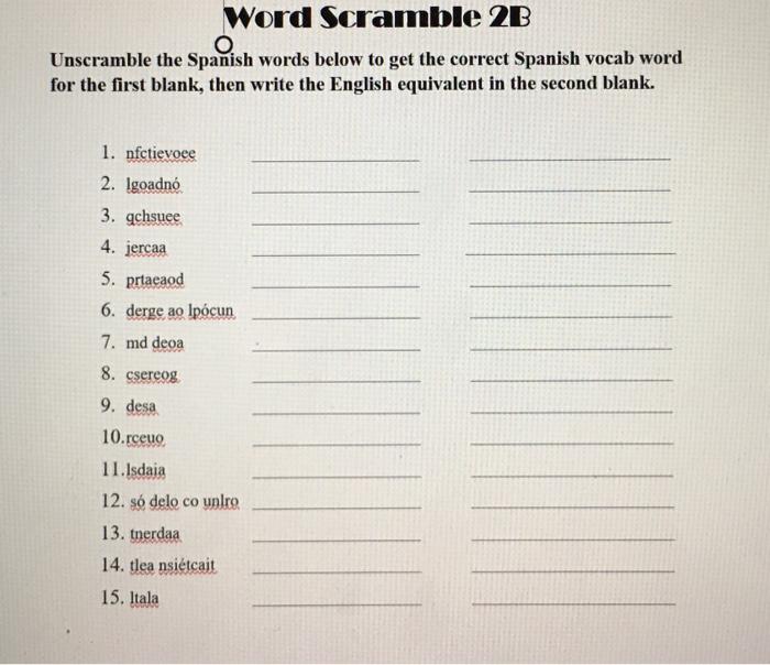 Solved Word Scramble 2B Unscramble the Spanish words below Chegg com