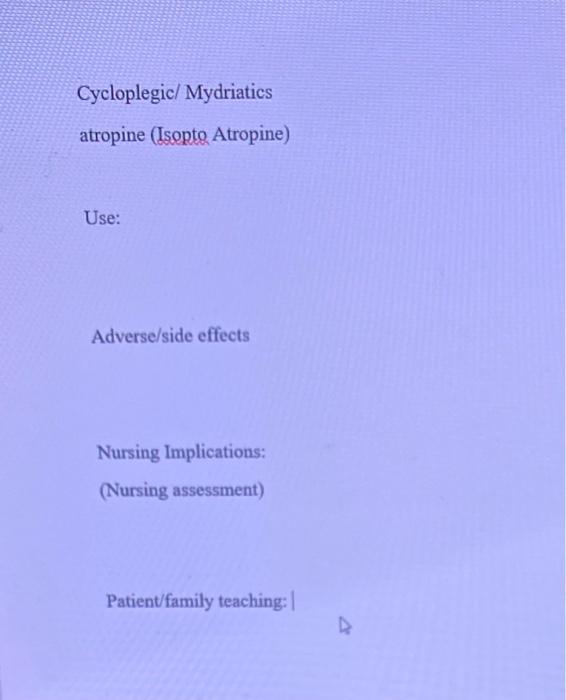 Solved Cycloplegic/ Mydriatics atropine (Isopto Atropine)