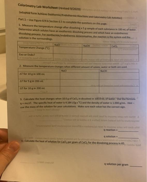Calorimetry Lab Worksheet (revised 9/2020) (adapted