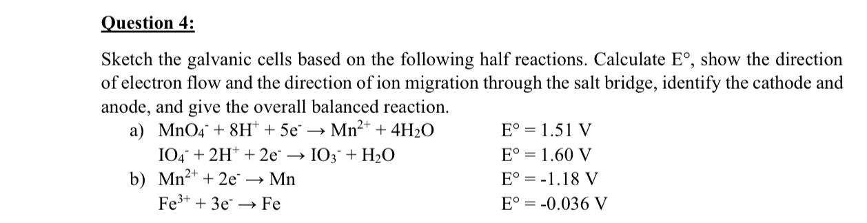 Solved Question 4:Sketch the galvanic cells based on the | Chegg.com