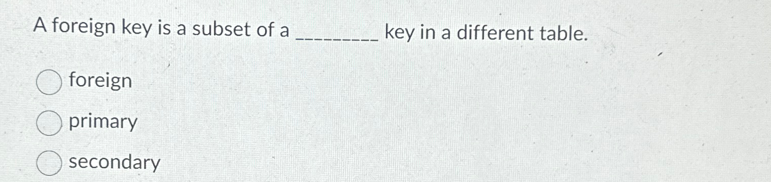 Solved A foreign key is a subset of a key in a different | Chegg.com