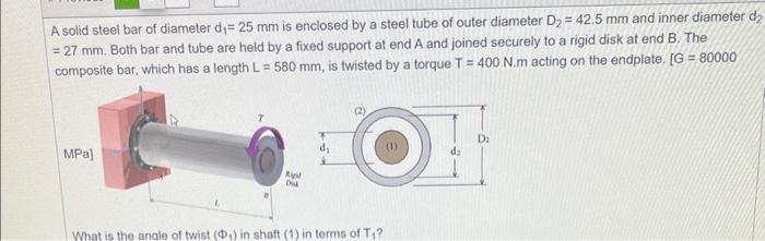 A solid steel bar of diameter \( d_{1}=25 \mathrm{~mm} \) is enclosed by a steel tube of outer diameter \( D_{2}=42.5 \mathrm