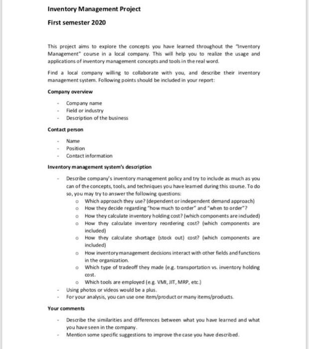 Inventory Management Project First semester 2020 This | Chegg.com