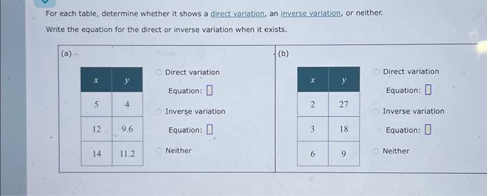 Solved For each table, determine whether it shows a direct | Chegg.com
