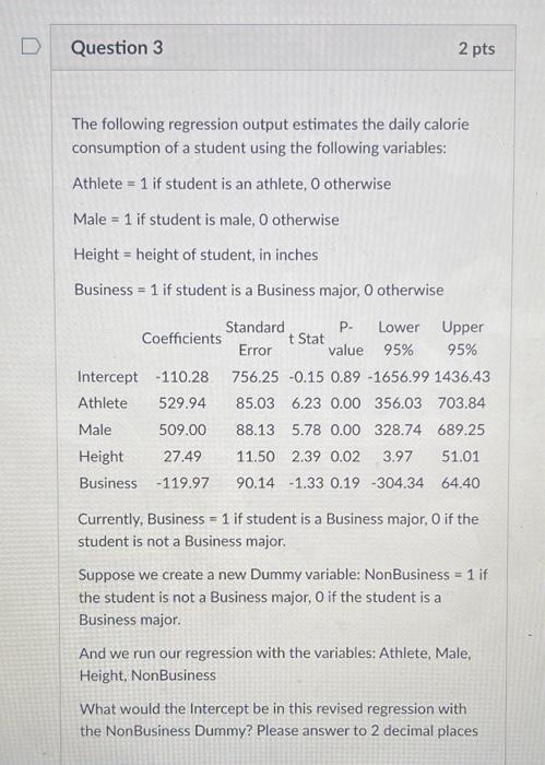 Solved D Question 3 2 pts The following regression output | Chegg.com