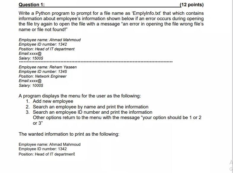 Solved Question 1: _(12 points) Write a Python program to | Chegg.com