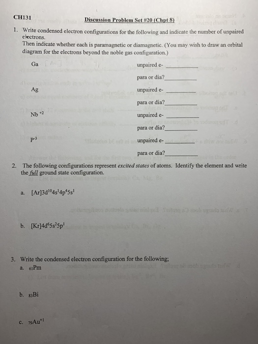 Solved CH131 Discussion Problem Set #20 (Chpt 8) 1. Write | Chegg.com