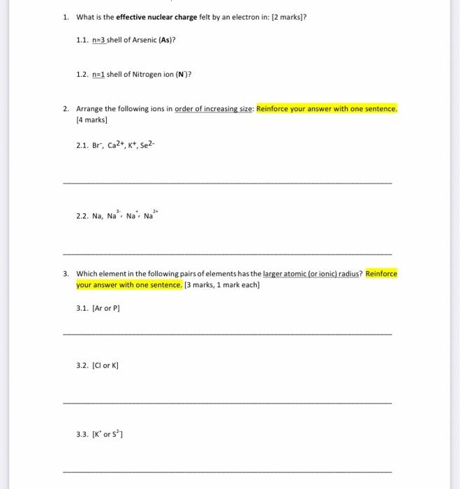 Solved 1. What is the effective nuclear charge felt by an | Chegg.com