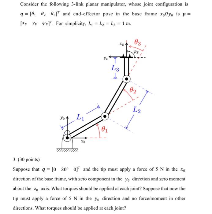 Consider the following 3-link planar manipulator, | Chegg.com