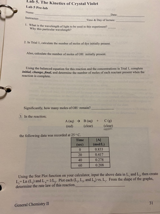 Lab 5. The Kinetics of Crystal Violet Lab 5 Pre-lab | Chegg.com